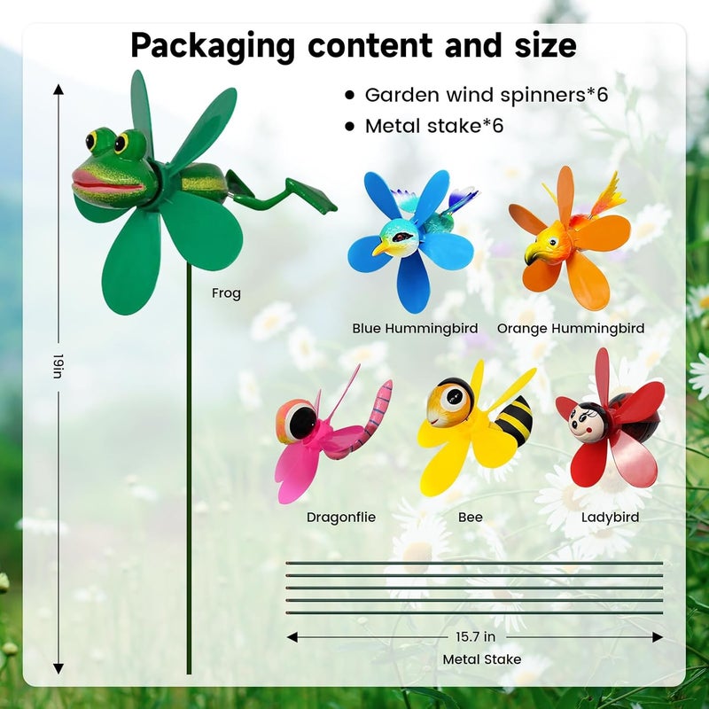DECEED 6 Pack Garden Decor Pinwheels Wind Spinners with Metal Stakes Colorful 3D Insect Whirligigs Windmill Outdoor Pinwheel for Yard Garden Lawn Decorations - Image 3